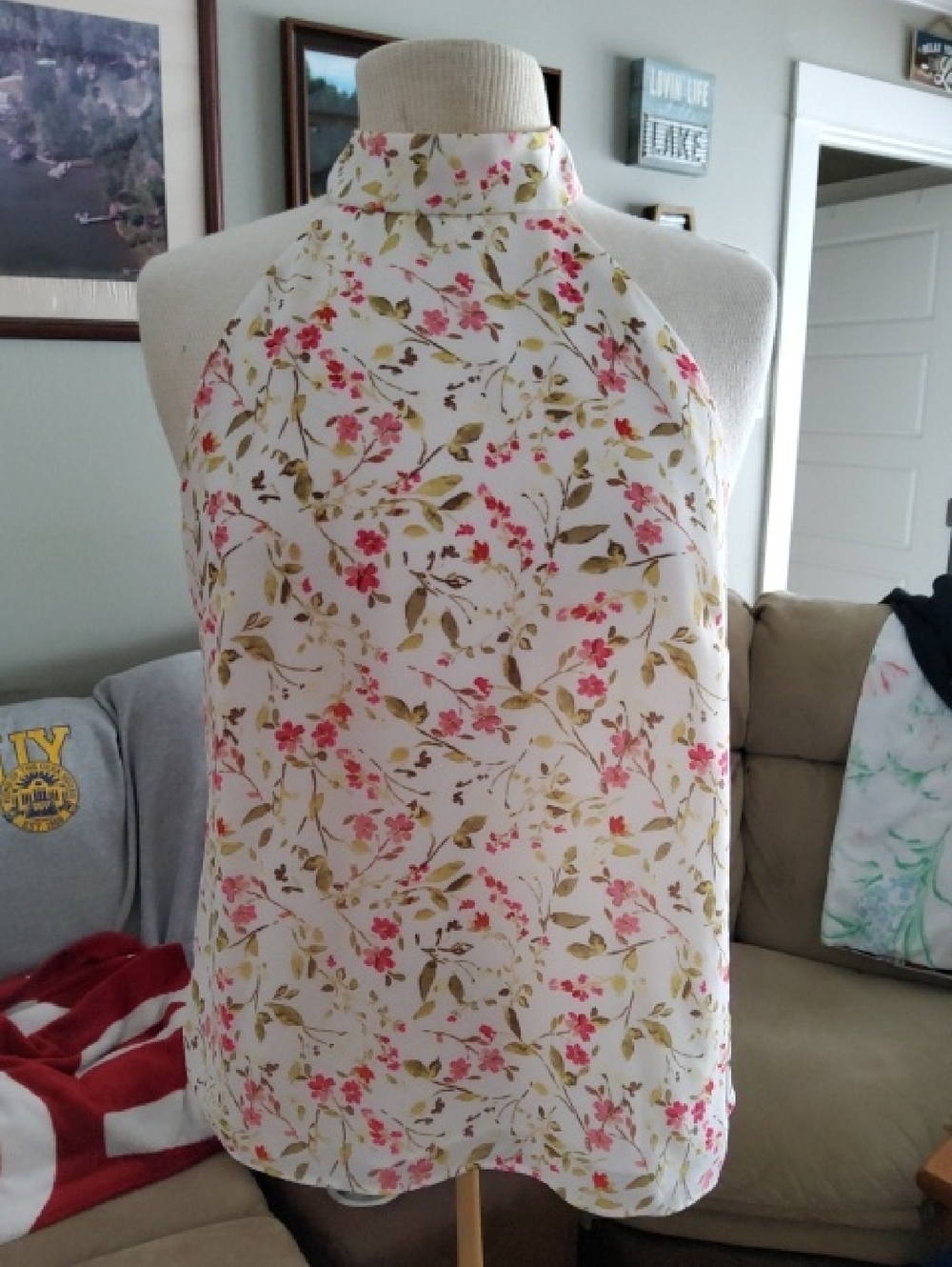CeCe White Halter Neck Floral Camisole with Pink Blossoms